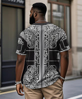 Men's Plus Size Casual Daily Black Vintage Pattern Printed Henry Collar Button Short Sleeve T-Shirt